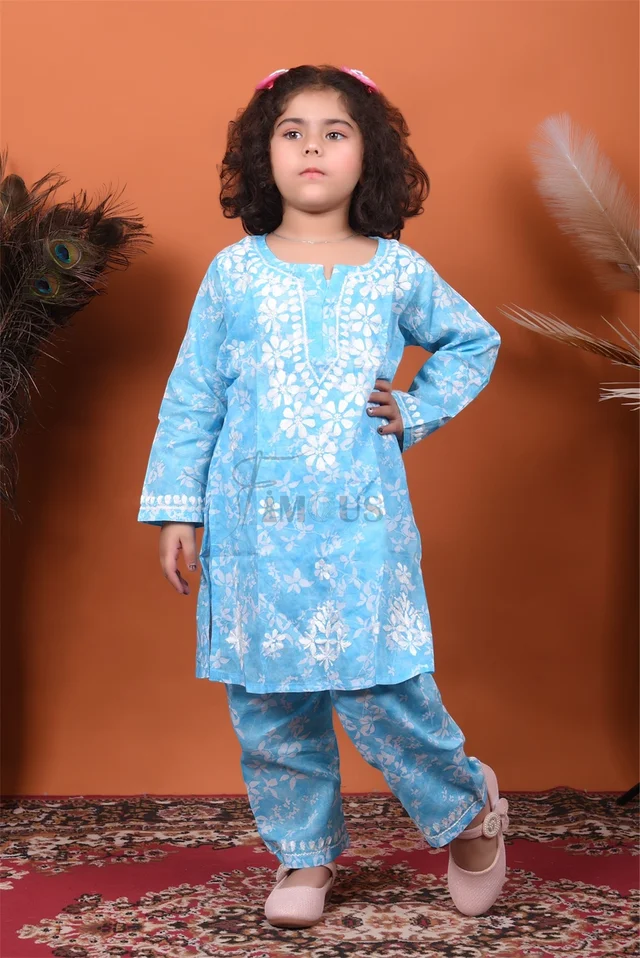 Blue Mulmul Print Chikankari Kids Dress - Blue, 28