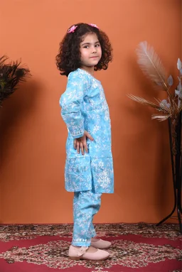 Blue Mulmul Print Chikankari Kids Dress - Blue, 28
