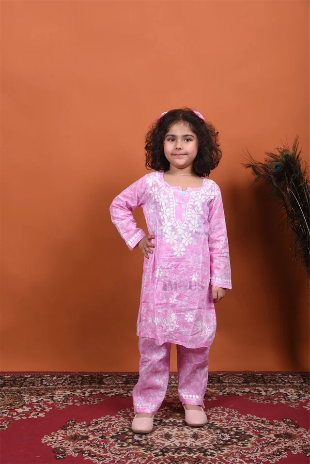 Pink Mulmul Print Chikankari Kids Dress - Pink, 22