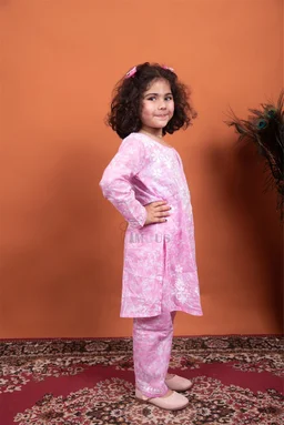 Pink Mulmul Print Chikankari Kids Dress - Pink, 22
