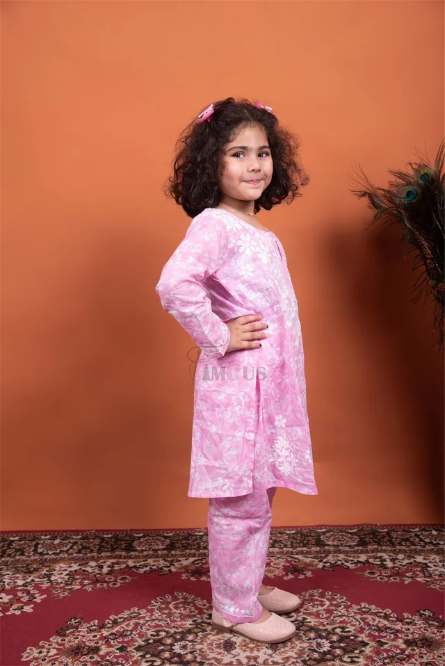 Pink Mulmul Print Chikankari Kids Dress - Pink, 22