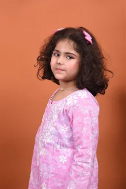 Pink Mulmul Print Chikankari Kids Dress - Pink, 22