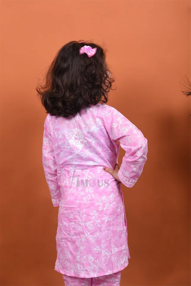 Pink Mulmul Print Chikankari Kids Dress - Pink, 22