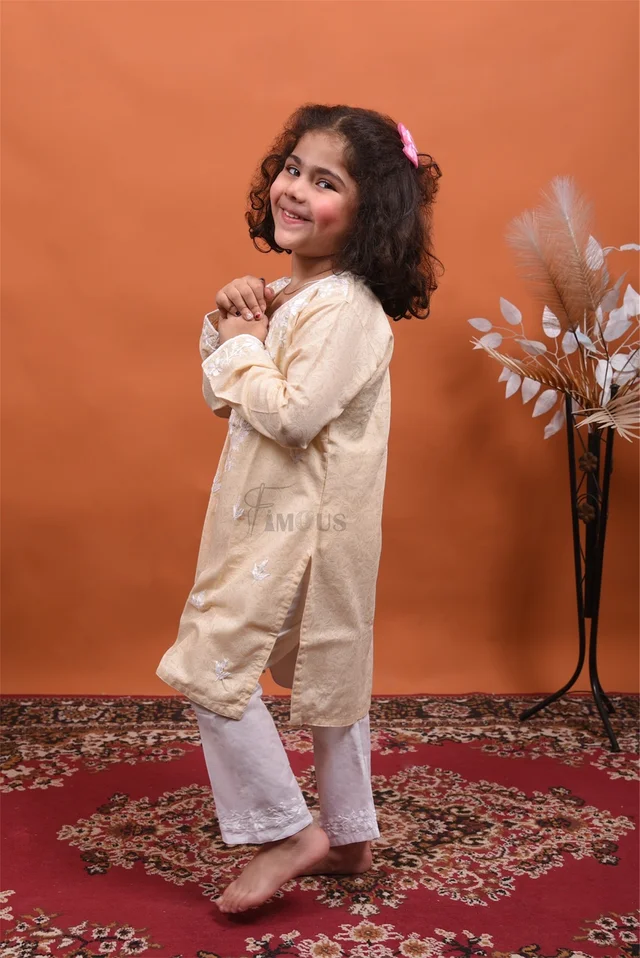 Beige Chikankari Kids Kurti Plazo Sets - Beige, 16