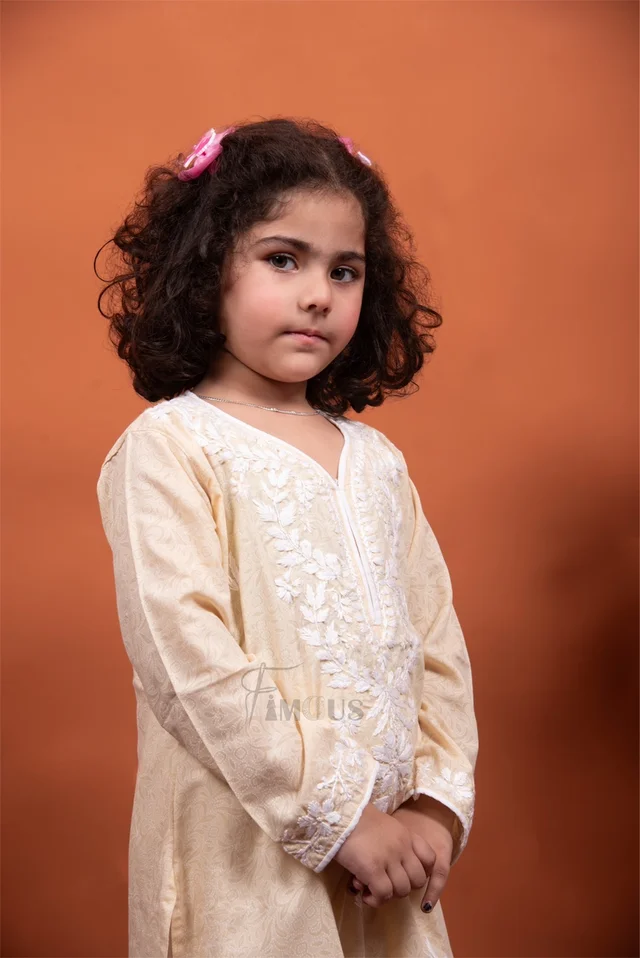 Beige Chikankari Kids Kurti Plazo Sets - Beige, 16