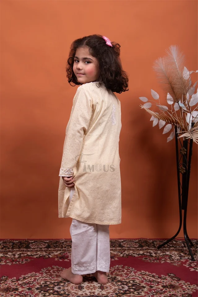 Beige Chikankari Kids Kurti Plazo Sets - Beige, 16