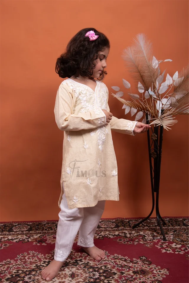 Beige Chikankari Kids Kurti Plazo Sets - Beige, 18