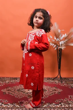 Red Reyon Chikankari Kids Dress - Red, 20