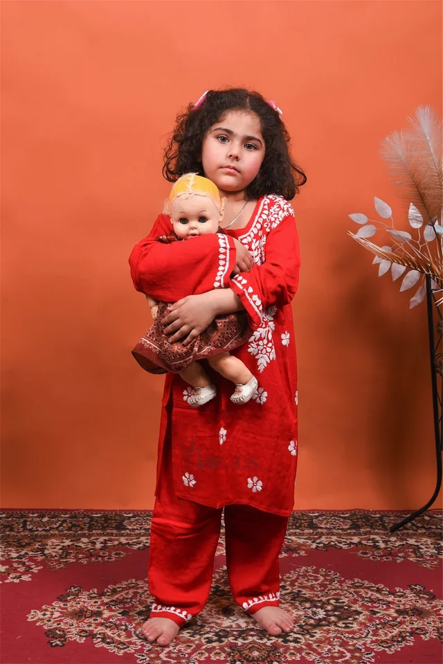 Red Reyon Chikankari Kids Dress - Red, 30