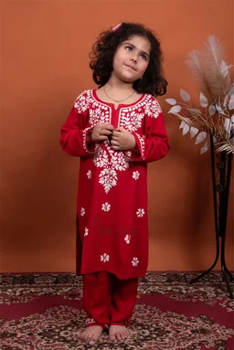 Red Reyon Chikankari Kids Dress - Red, 30