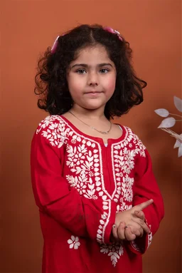 Red Reyon Chikankari Kids Dress - Red, 30