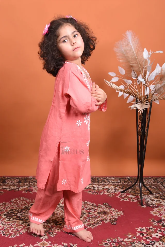 Carrot Pink Reyon Chikankari Kids Dress - Carrot Pink, 16