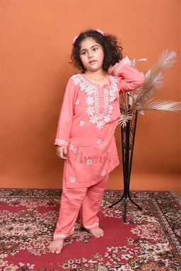 Carrot Pink Reyon Chikankari Kids Dress - Carrot Pink, 16