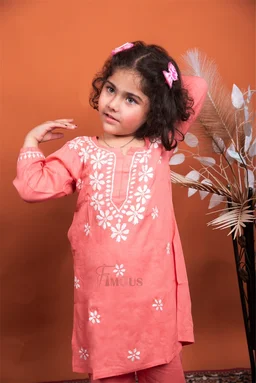 Carrot Pink Reyon Chikankari Kids Dress - Carrot Pink, 16