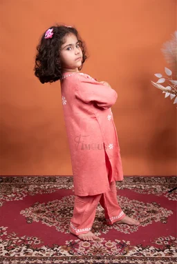 Carrot Pink Reyon Chikankari Kids Dress - Carrot Pink, 16
