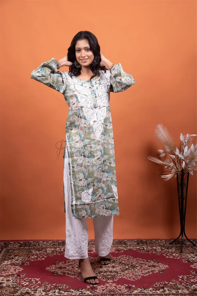 Chikankari Mulmul Print Straight Long Kurtis - Olive Green, L(40)