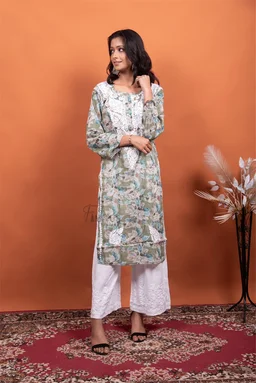Chikankari Mulmul Print Straight Long Kurtis - Olive Green, L(40)
