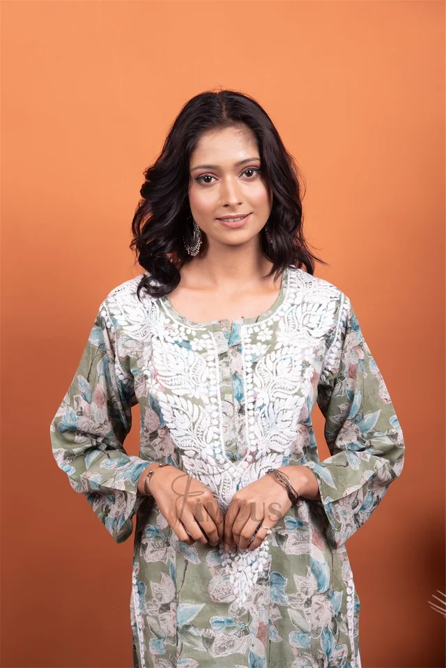 Chikankari Mulmul Print Straight Long Kurtis - Olive Green, L(40)