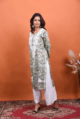 Chikankari Mulmul Print Straight Long Kurtis - Olive Green, L(40)