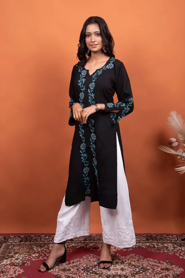Black Chikankari Stylish Straight Long Kurti - Black, 3XL(46)