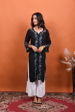 Black Chikankari Stylish Straight Long Kurti - Black, 3XL(46)