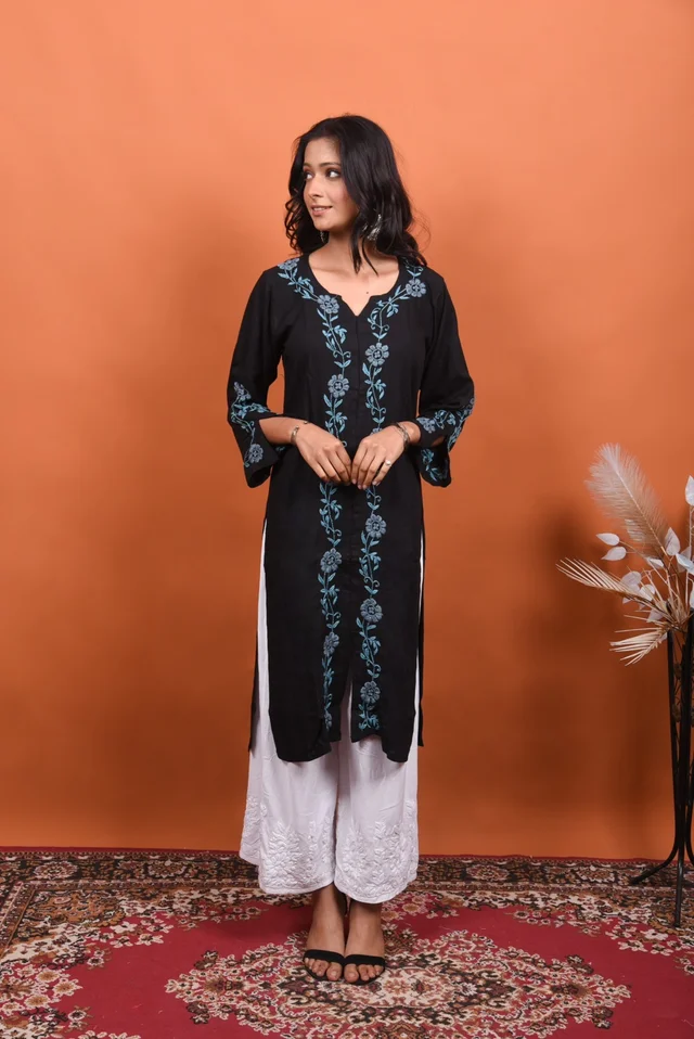 Black Chikankari Stylish Straight Long Kurti - Black, 3XL(46)