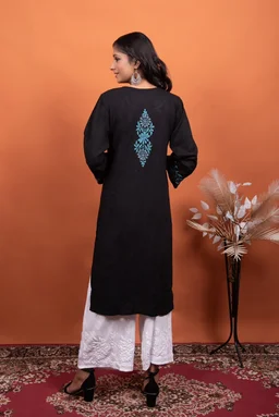 Black Chikankari Stylish Straight Long Kurti - Black, 3XL(46)