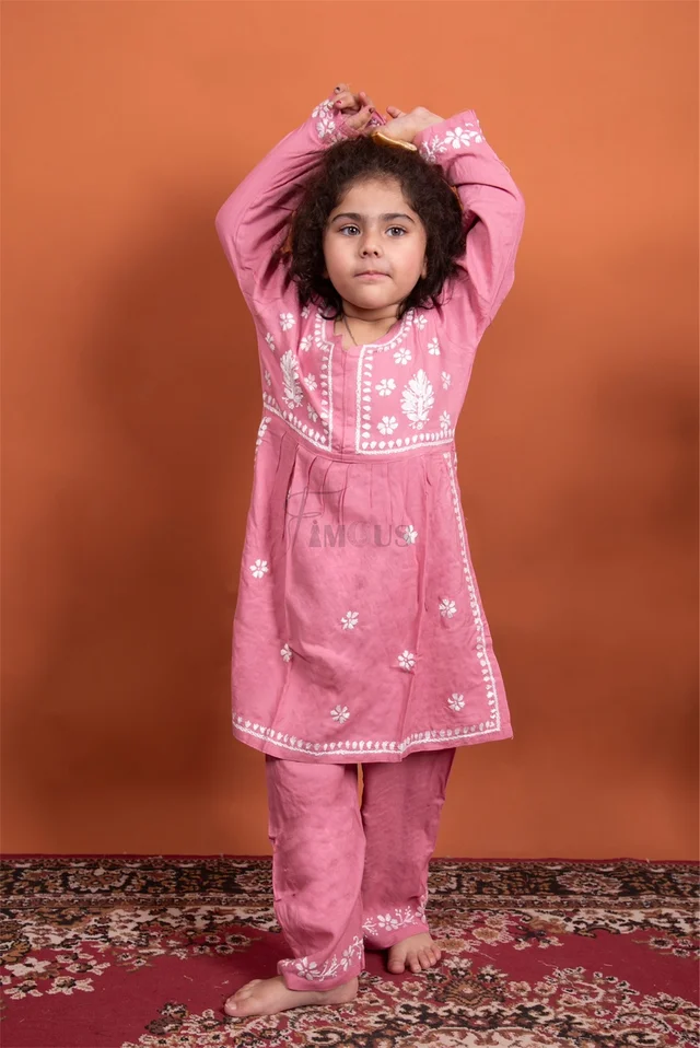 Onion Pink Kids Chikankari Naira Style Dress - Onion Pink, 16