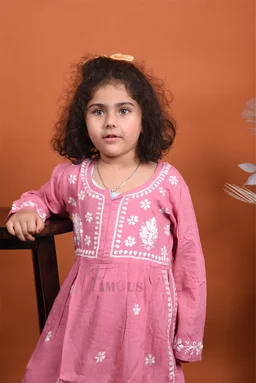 Onion Pink Kids Chikankari Naira Style Dress - Onion Pink, 16