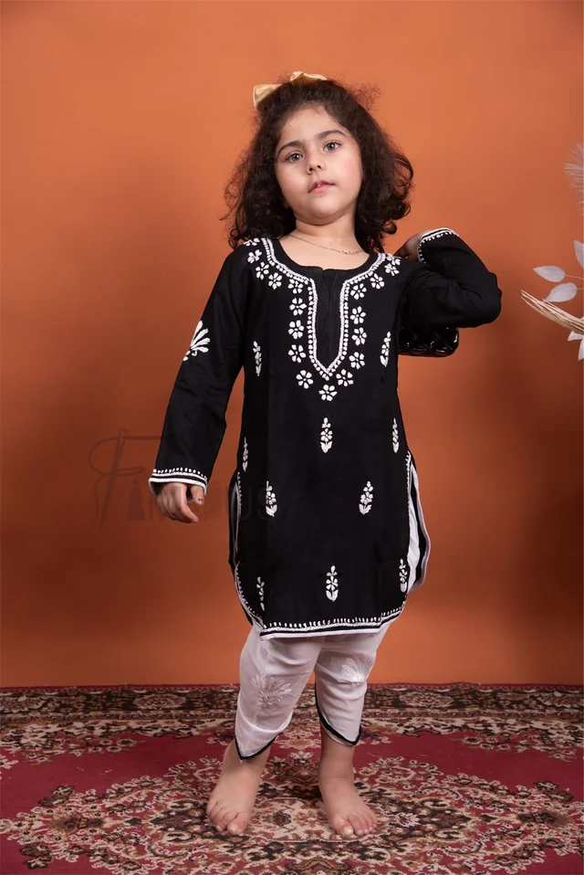 Black Chikankari Kidswear Dhoti Set - Black, 28
