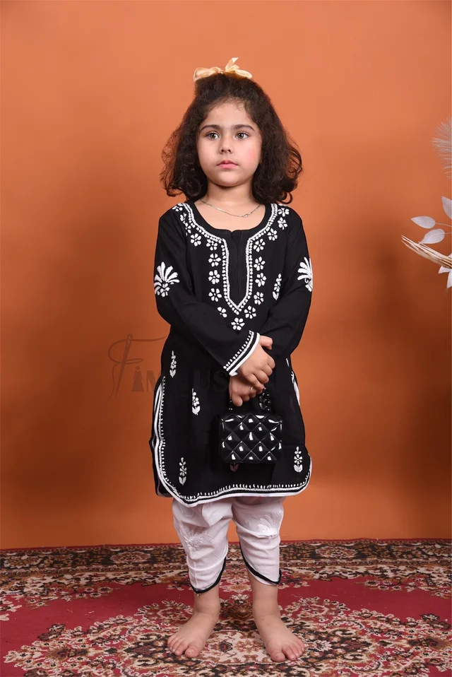Black Chikankari Kidswear Dhoti Set - Black, 28