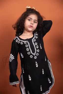 Black Chikankari Kidswear Dhoti Set - Black, 28