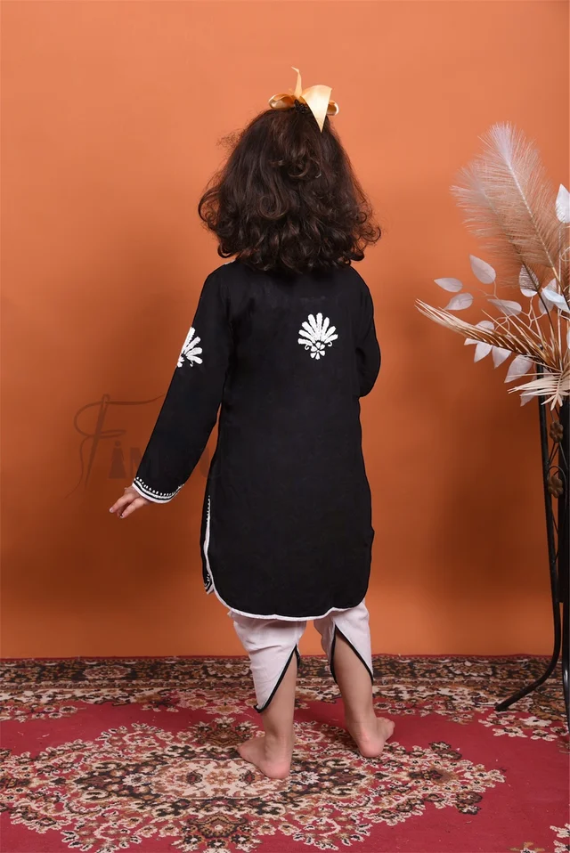 Black Chikankari Kidswear Dhoti Set - Black, 28