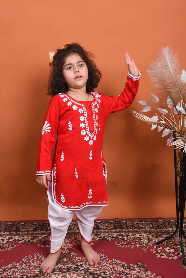 Red Chikankari Kidswear Dhoti Set - Red, 16