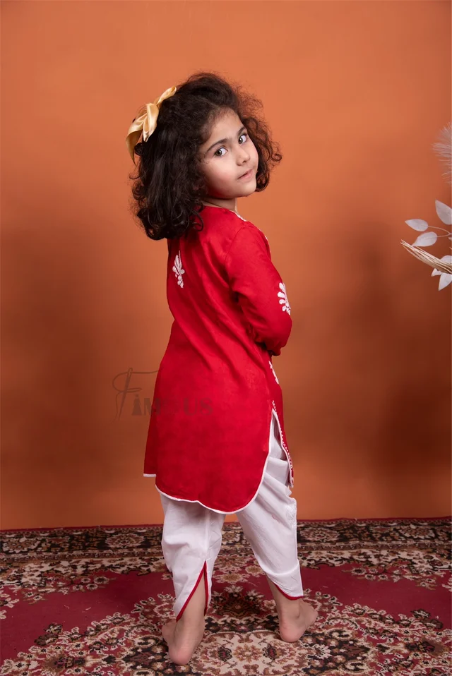 Red Chikankari Kidswear Dhoti Set - Red, 16