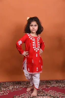 Red Chikankari Kidswear Dhoti Set - Red, 16