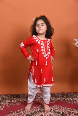 Red Chikankari Kidswear Dhoti Set - Red, 28