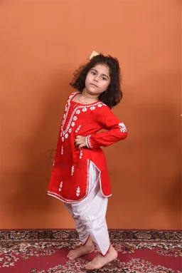 Red Chikankari Kidswear Dhoti Set - Red, 28