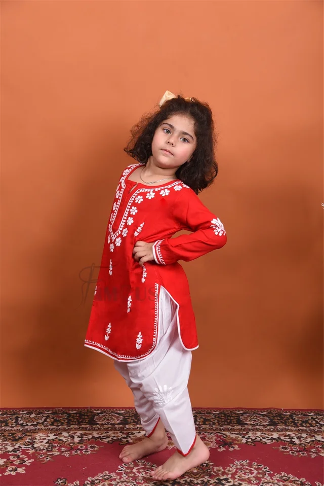 Red Chikankari Kidswear Dhoti Set - Red, 34