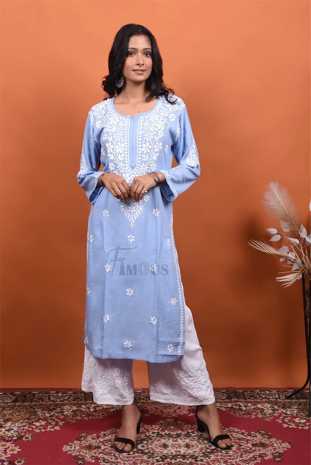 Light Blue Chikankari Reyon Kurti - Light Blue, L(40)