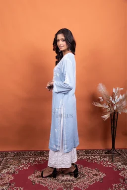 Light Blue Chikankari Reyon Kurti - Light Blue, L(40)