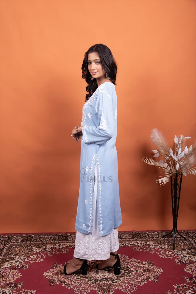 Light Blue Chikankari Reyon Kurti - Light Blue, L(40)