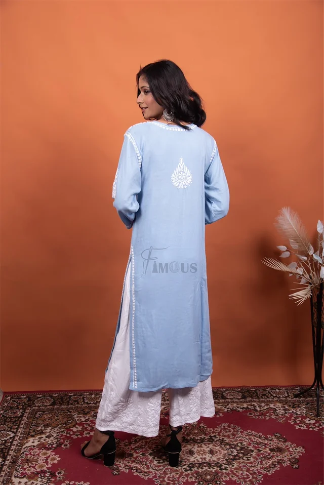 Light Blue Chikankari Reyon Kurti - Light Blue, L(40)