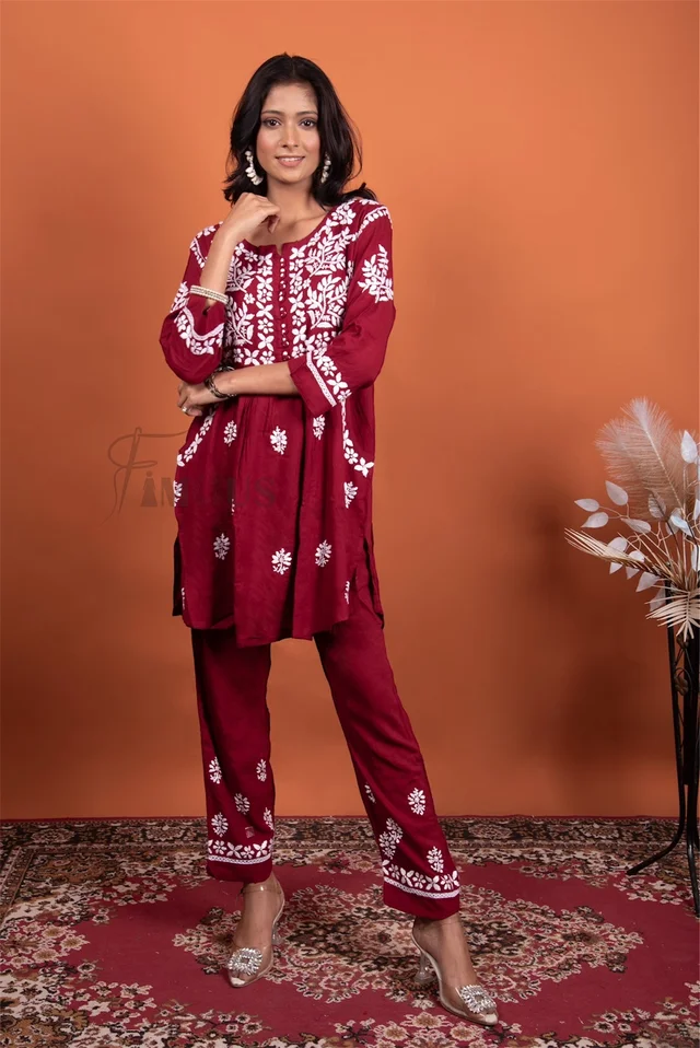 Maroon Chikankari Pocket Style Coord Set - Maroon, M(38)