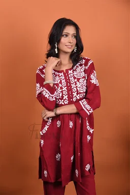 Maroon Chikankari Pocket Style Coord Set - Maroon, M(38)