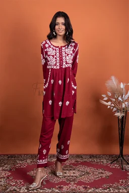 Maroon Chikankari Pocket Style Coord Set - Maroon, M(38)