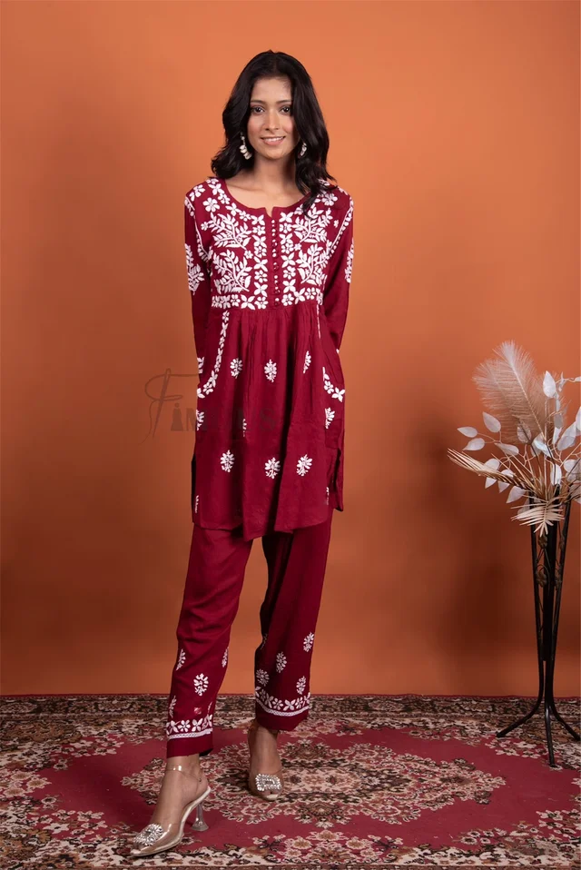 Maroon Chikankari Pocket Style Coord Set - Maroon, M(38)