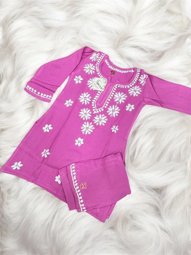 Magenta Pink Reyon Chikankari Kids Dress - Magenta Pink, 22