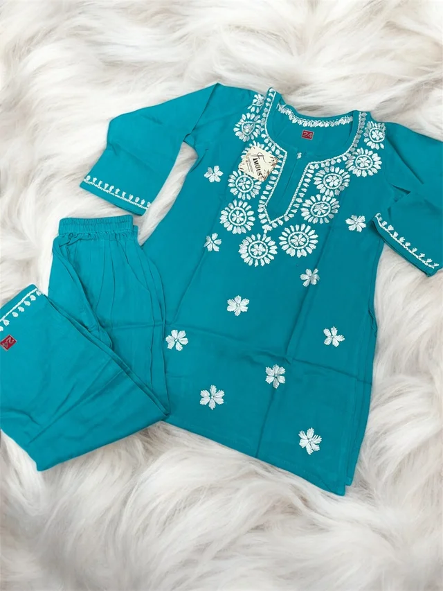 Firozi Blue Reyon Chikankari Kids Dress - Firozi Blue, 24