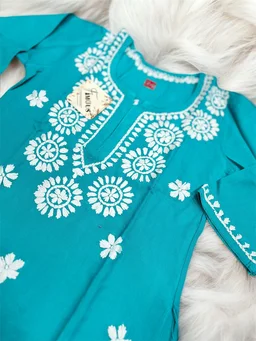 Firozi Blue Reyon Chikankari Kids Dress - Firozi Blue, 24